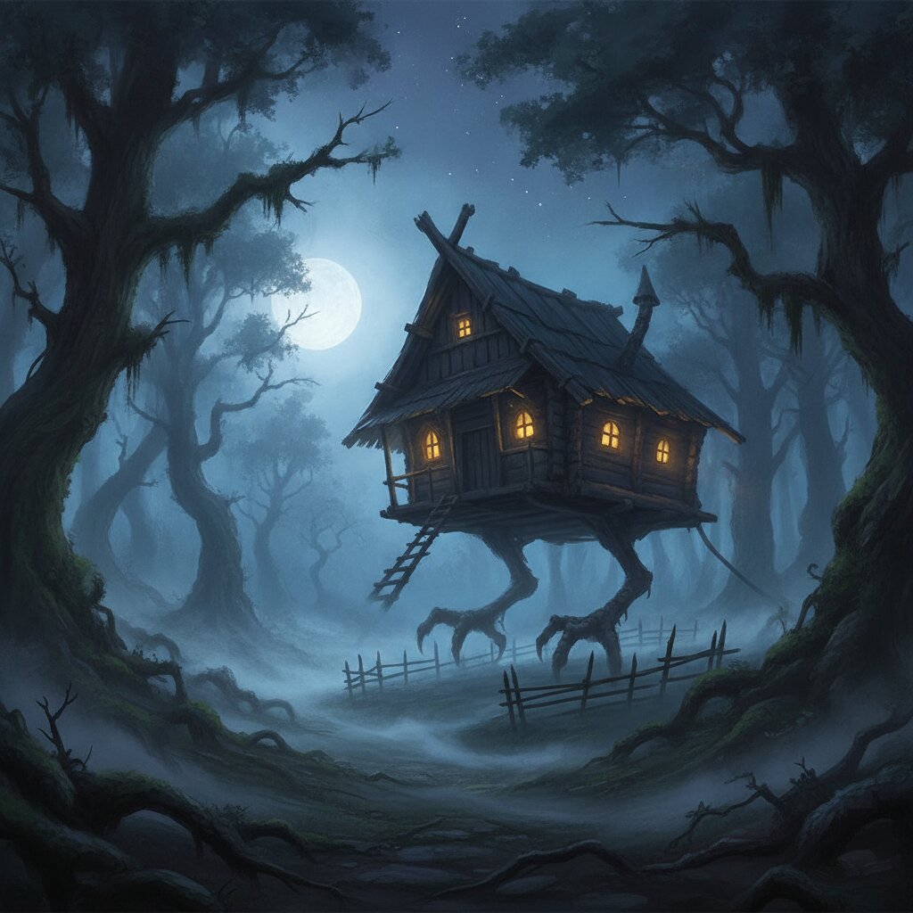 A hut on chicken legs in a dark Slavic forest